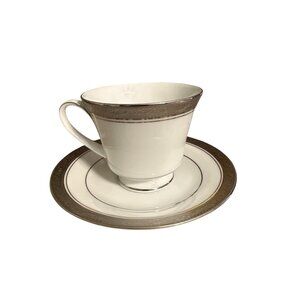 Noritake China Cup & Saucer Set White With Silver Trim Elegant Design